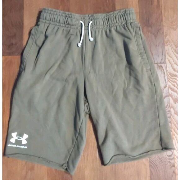 Under Armour Sweatshorts Mens Medium Olive Green Loose Elastic Logo Fleece Gym - Picture 1 of 8